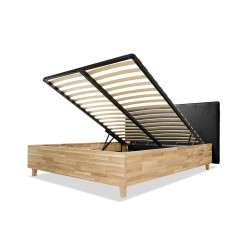 SLIM.WOOD drewniane łóżko z pojemnikiem i tapicerowanym zagłówkiem