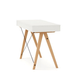 BASIC białe minimalistyczne biurko w stylu skandynawskim z bukowymi nóżkami i czarnymi elementami