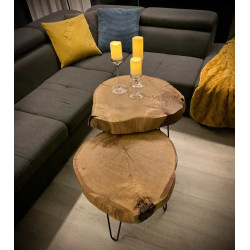 TIN KOMPLET 2 stolików kawowych, plaster drewna na stalowych nogach, polski design