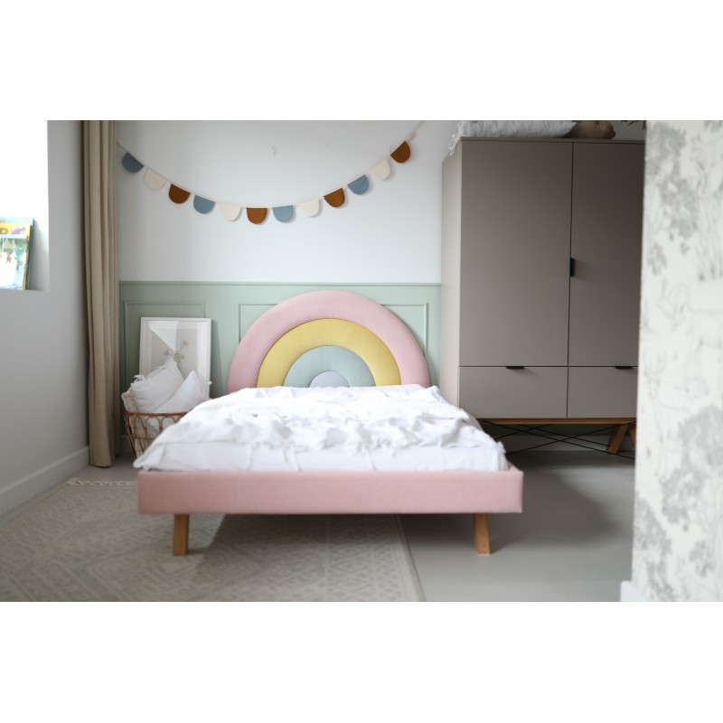RAINBOW LEGS TEXTI tapicerowane łóżko dziecięce z tęczowym zagłówkiem
