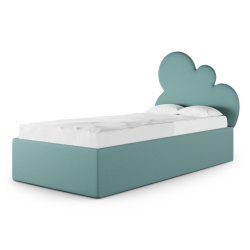 CLOUD BOX TEXTI tapicerowane łóżko dziecięce z zagłówkiem w kształcie chmurki i skrzynią na pościel