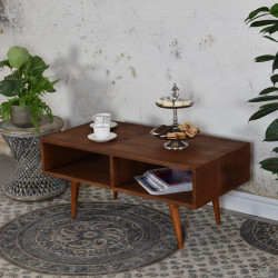 PAST drewniany stolik kawowy z półką na skośnych nóżkach w stylu retro, vintage