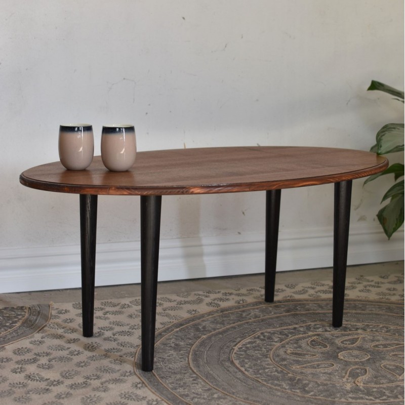 ELIP BLACK drewniany stolik kawowy z owalnym, podłużnym blatem w stylu retro, vintage