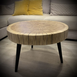 TIN DREWNO stolik kawowy, plaster drewna na drewnianych nogach, polski design